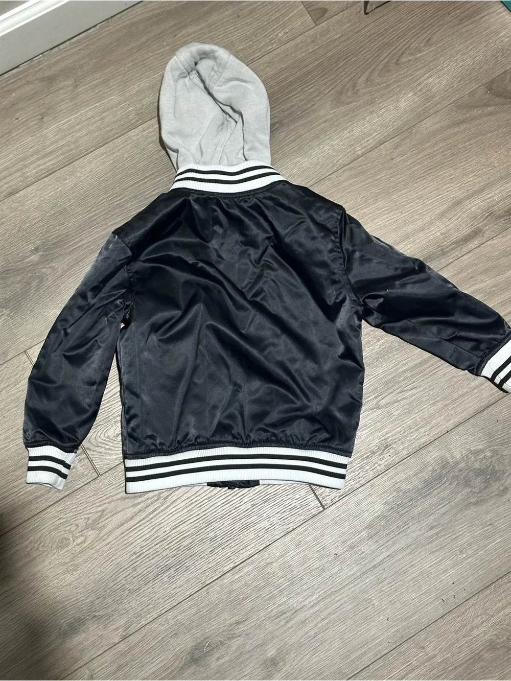 Old Navy Black Jacket with White Hood and Striped Collar